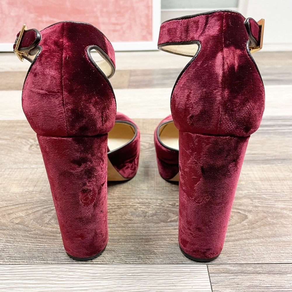 JIMMY CHOO Merlot Red Velvet Platform Heels Sz 9 - Picture 5 of 10